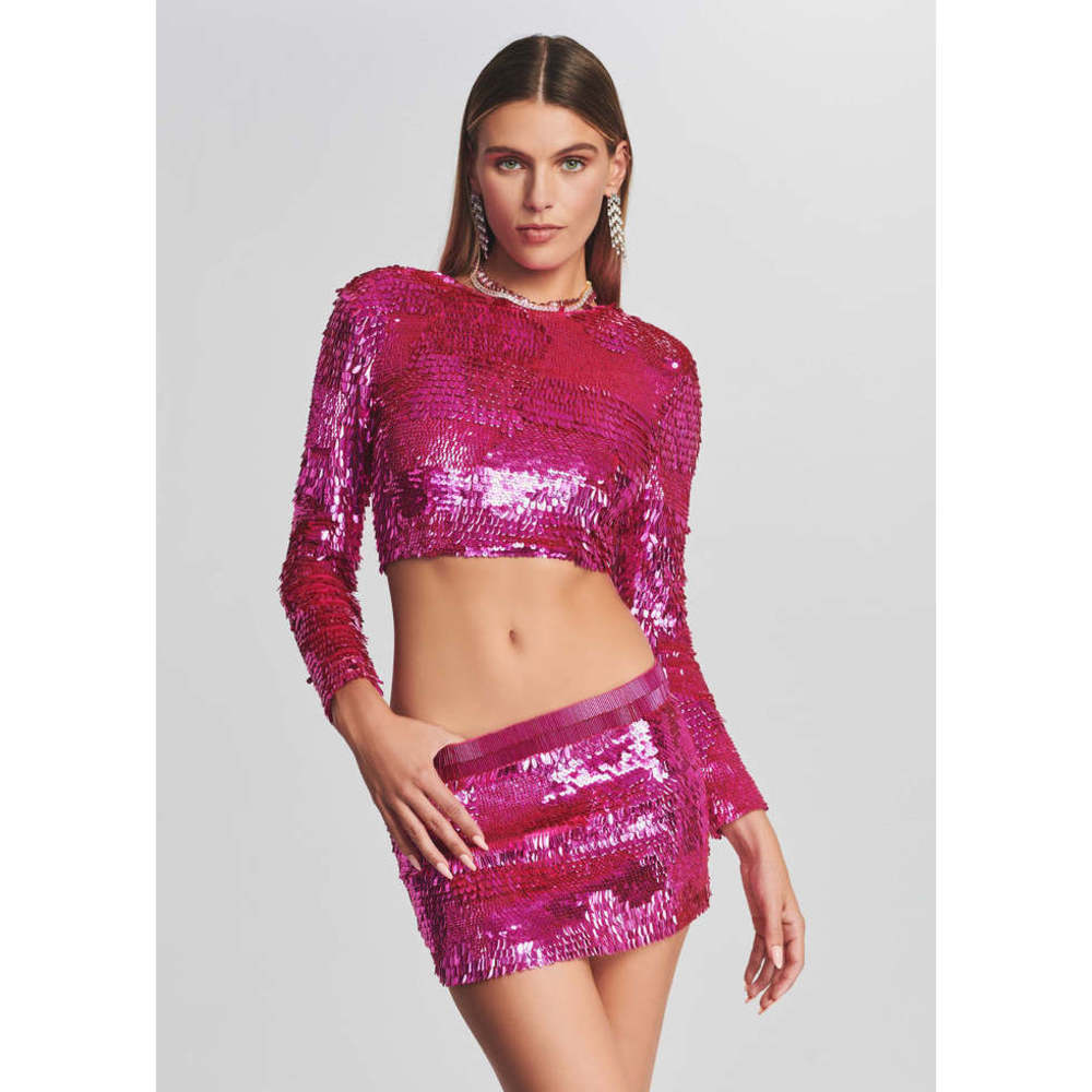 NWT Retrofete Leanne Feather Sequin Crop Top in Hot Pink Size Small